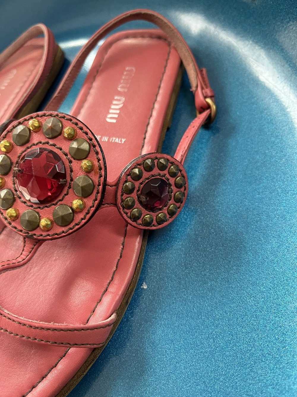 Miu Miu Miu Miu Rare T-Strap Gemstud Leather Sand… - image 4