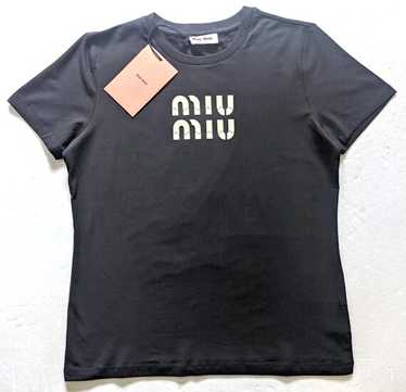 MIU MIU 黒 Tシャツ　S Miu Miu logo-embroidered T-shirt | Black | FARFETCH JO