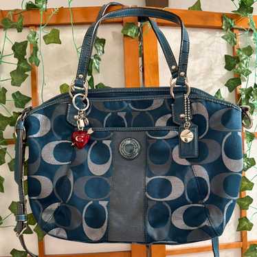 バッグ COACH 70487 Vintage Blue Leather Tote Coach Blue Logo Vintage Leather Tote/Shoulder Bag w/Patent