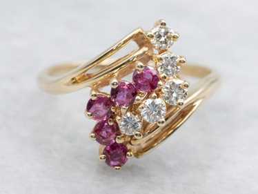 14K Yellow Gold Ruby and Diamond Cluster Ring, By… - image 1