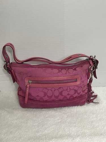 バッグ Coach Suede Signature Slim Flap y2k rare NWT Vintage Y2k Coach Pink Signature Suede Medium Shoulder