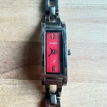 Fossil F2 Ladies Rectangular Red Dial Stainless S… - image 1