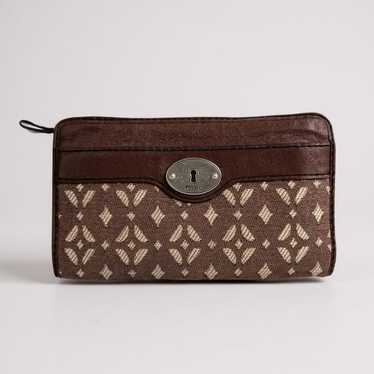 Y2k Fossil Key-Per Canvas Zip Around Clutch Leath… - image 1