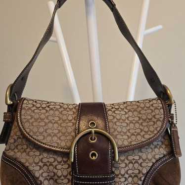 バッグ Coach Soho Hobo Suede Leather Shoulder Vintage Coach Soho Shoulder Bag Buckle Flap Leather and Dark