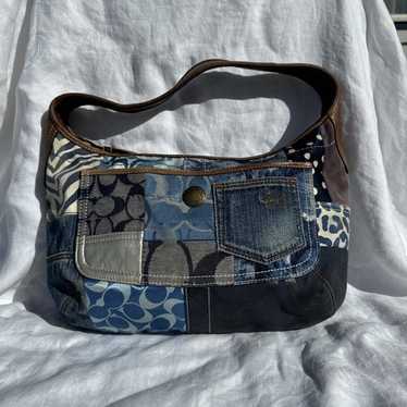 バッグ coach patchwork Denim bag signature y2k COACH Vintage Denim Patchwork Hobo Shoulder Bag Leather Trim