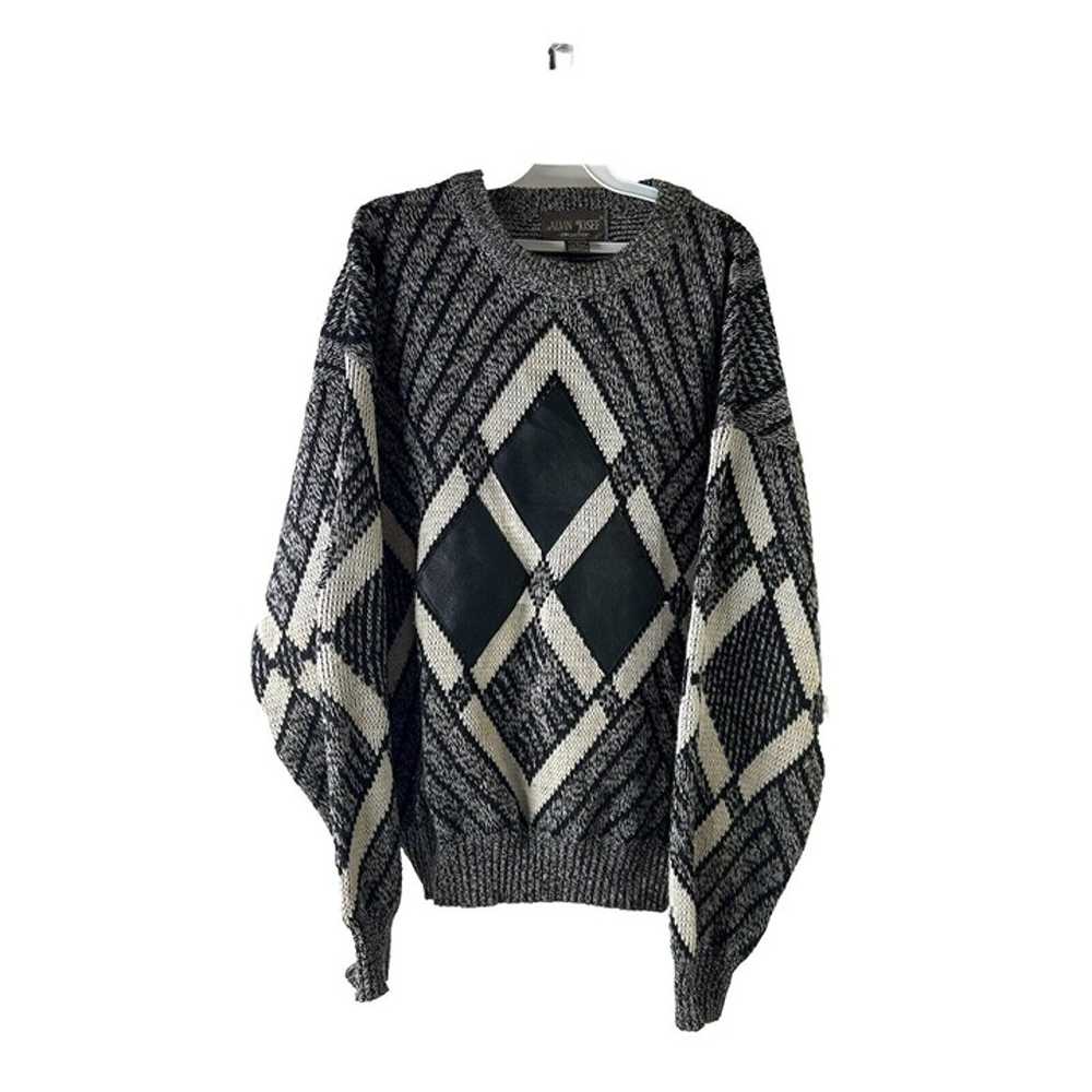 Vintage 80s Mens XL Geometric Knit Genuine Leathe… - image 1