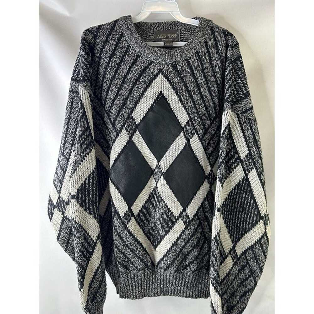 Vintage 80s Mens XL Geometric Knit Genuine Leathe… - image 4