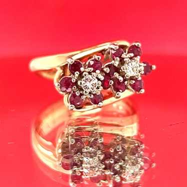 14k Ruby & Diamond Double Flower Bypass Ring set … - image 1