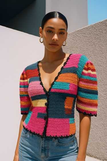 Tach Tini Color Block Sweater Cardigan  Hand Knit… - image 1