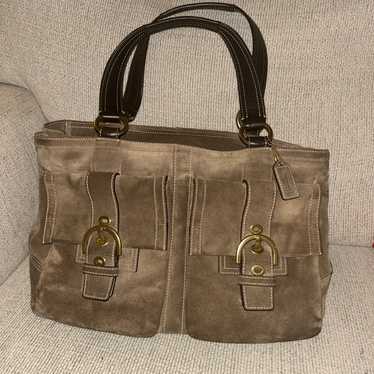 バッグ Coach Soho hand bag suede Signature Rare Coach, shoulder bag, signature, pink, Soho, Bag Charm