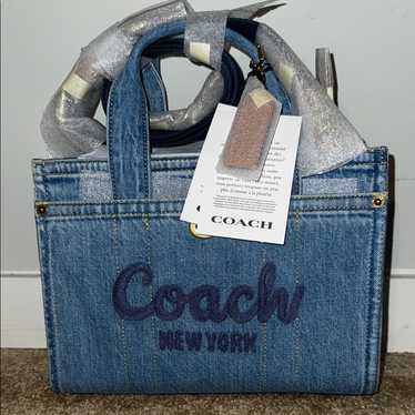 バッグ COACH denim leather tote bag NICE Coach Vtg Y2K Denim Patchwork Whiskey Leather Trim