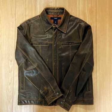ジャケット・アウター old gap brown leather jackets Vintage 90's Gap Blue Jeans Brown Button-up Leather Jacket