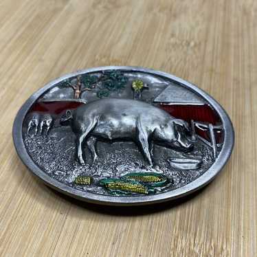 C J Inc 1987 Belt buckle pig farm windmill corn C… - image 1