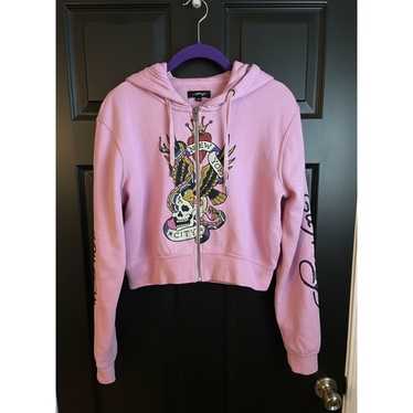 y2k 00s Ed Hardyジップアップパーカー KISS OF DEATH Vintage Y2k Ed Hardy Velour Kiss Of Death Hoodie by