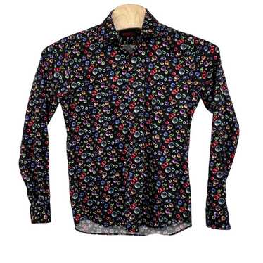 Jared Lang Black Button Up Multi Color Bubble Pri… - image 1