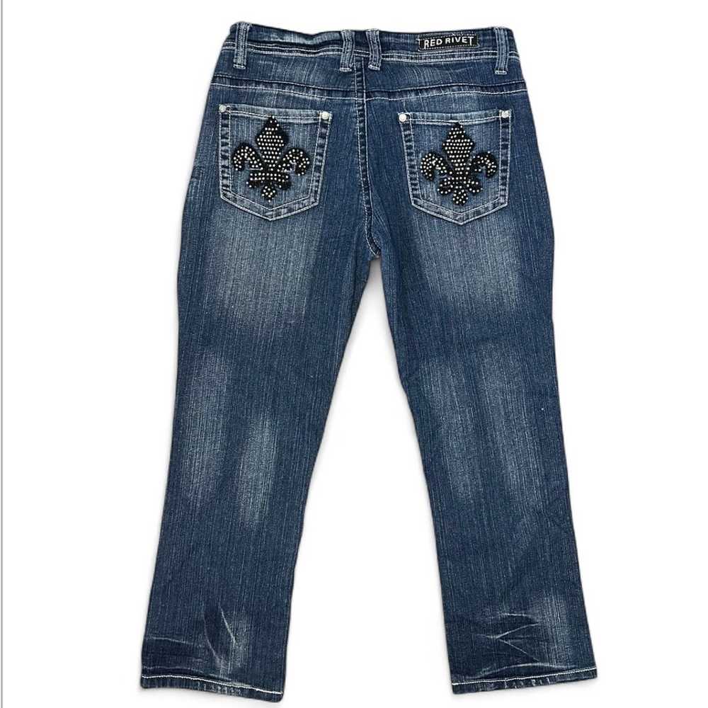 Red rivet Y2K cropped jeans fleur de lis pockets … - image 1