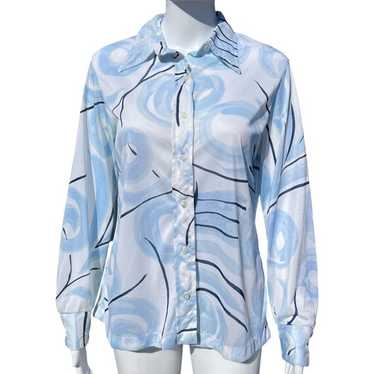 70s Sheer Abstract Print Dagger Collar Button Up … - image 1