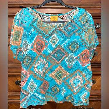 Ruby Rd. Colorful Southwestern Print Mesh Top Wit… - image 1