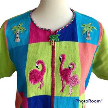 Quacker Factory Flamingo Palm Tree Patchwork Zip … - image 1