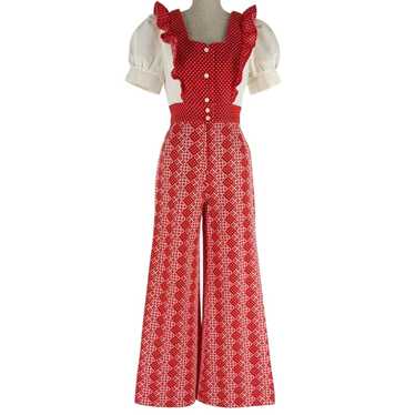 Vintage Women's Polyester Jumpsuit - Red/White – … - image 1