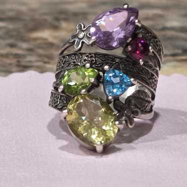 Source Unknown Silver Ring With Multicolor Gemsto… - image 1