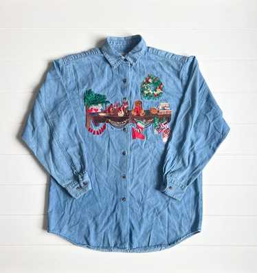 Vintage Denim Christmas Embroidered Button-Up - image 1