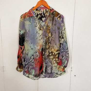 Recap Sheer Abstract Button Down Blouse Abstract,… - image 1