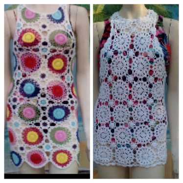 Bundle Of 2- 1-White & 1-Multi-Colored Crocheted … - image 1