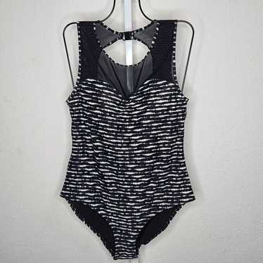 Nip Tuck Swim Black White Stripe Mesh Insert One … - image 1