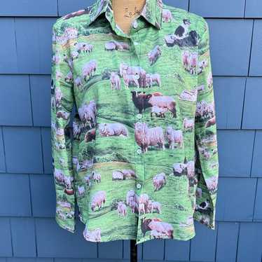 Source Unknown Green Sheep Print Women's Button D… - image 1