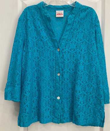 Ruby Rd Favorites Button Up Blouse Size L Blue La… - image 1