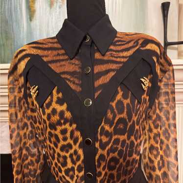 Cache’ Leopard Print Sheer Bodysuit with Black Ac… - image 1