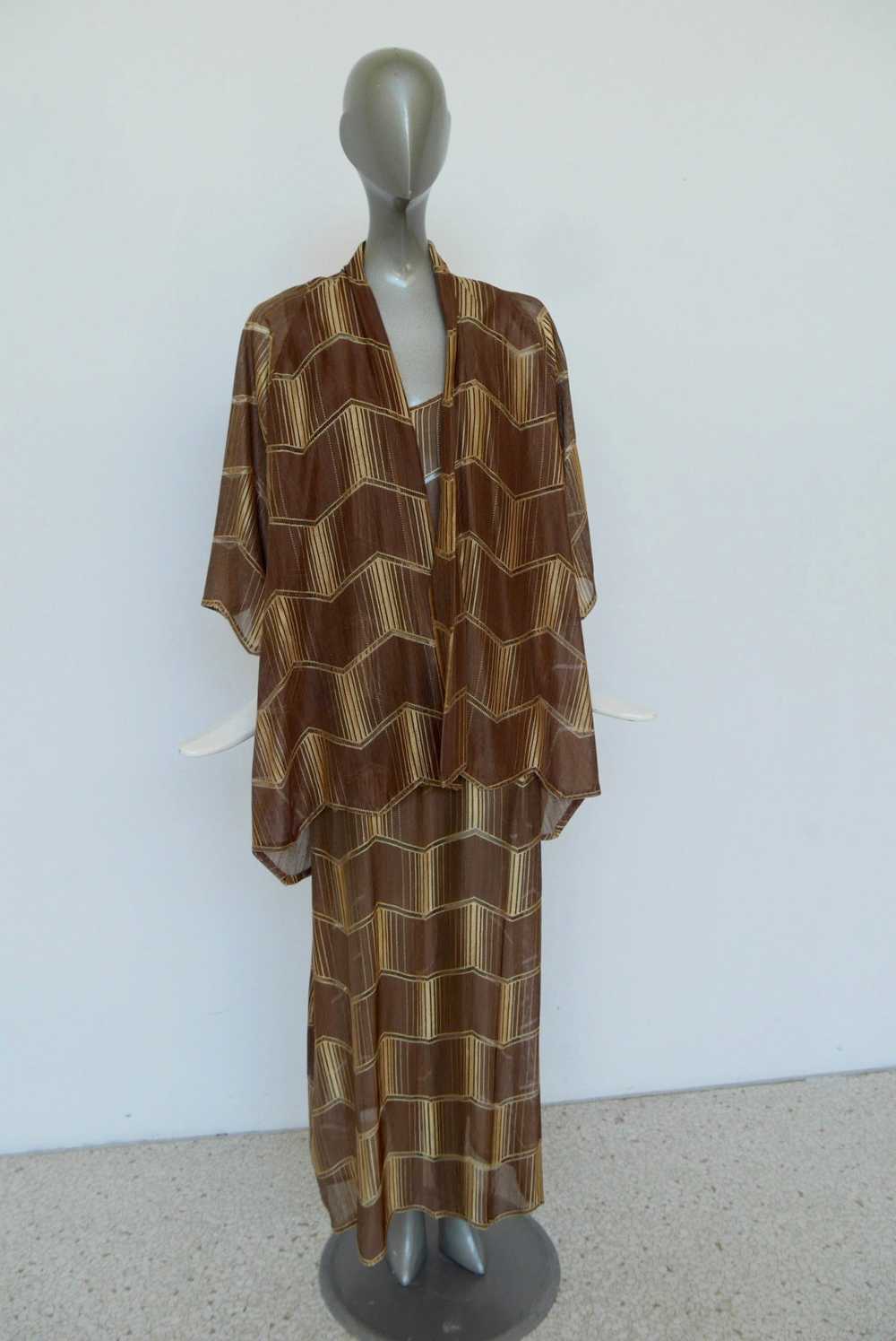 1930s art deco print maxi dress with batwing slee… - image 1