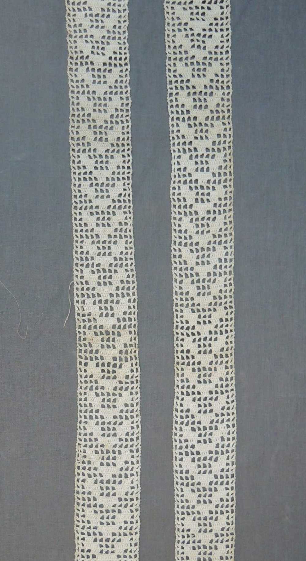 2 Antique Crochet Lace Trim Pieces, Handmade 20 i… - image 1
