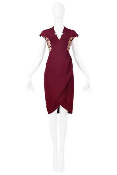 RIFAT OZBEK BURGUNDY LEOPARD INSERT DRESS WITH WRA