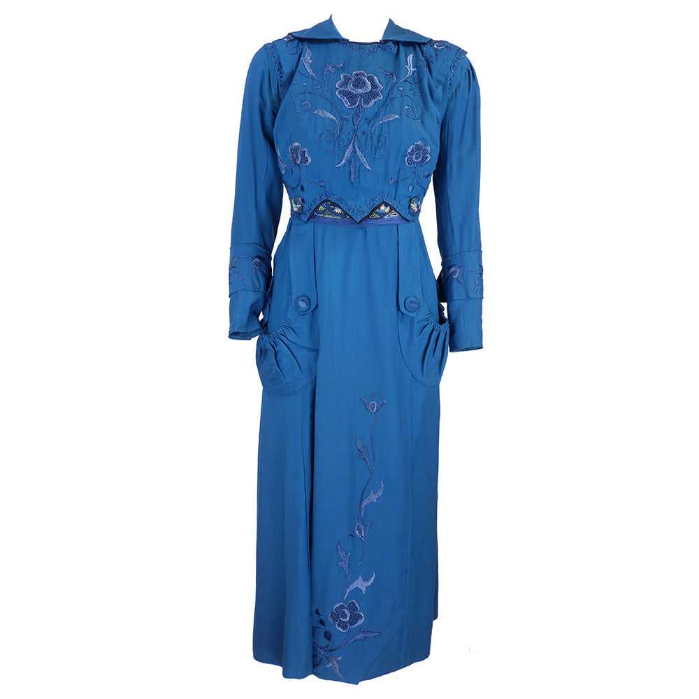 Vintage 1910s Teal Wool Embroidered Day Dress - image 1