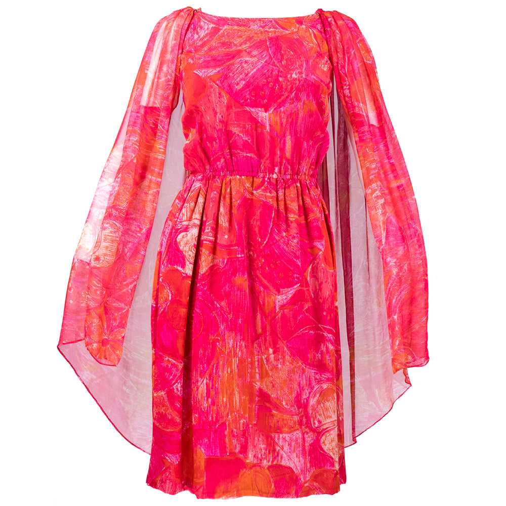 Pierre Cardin 60s Pink Tropical Floral Silk Dress… - image 1