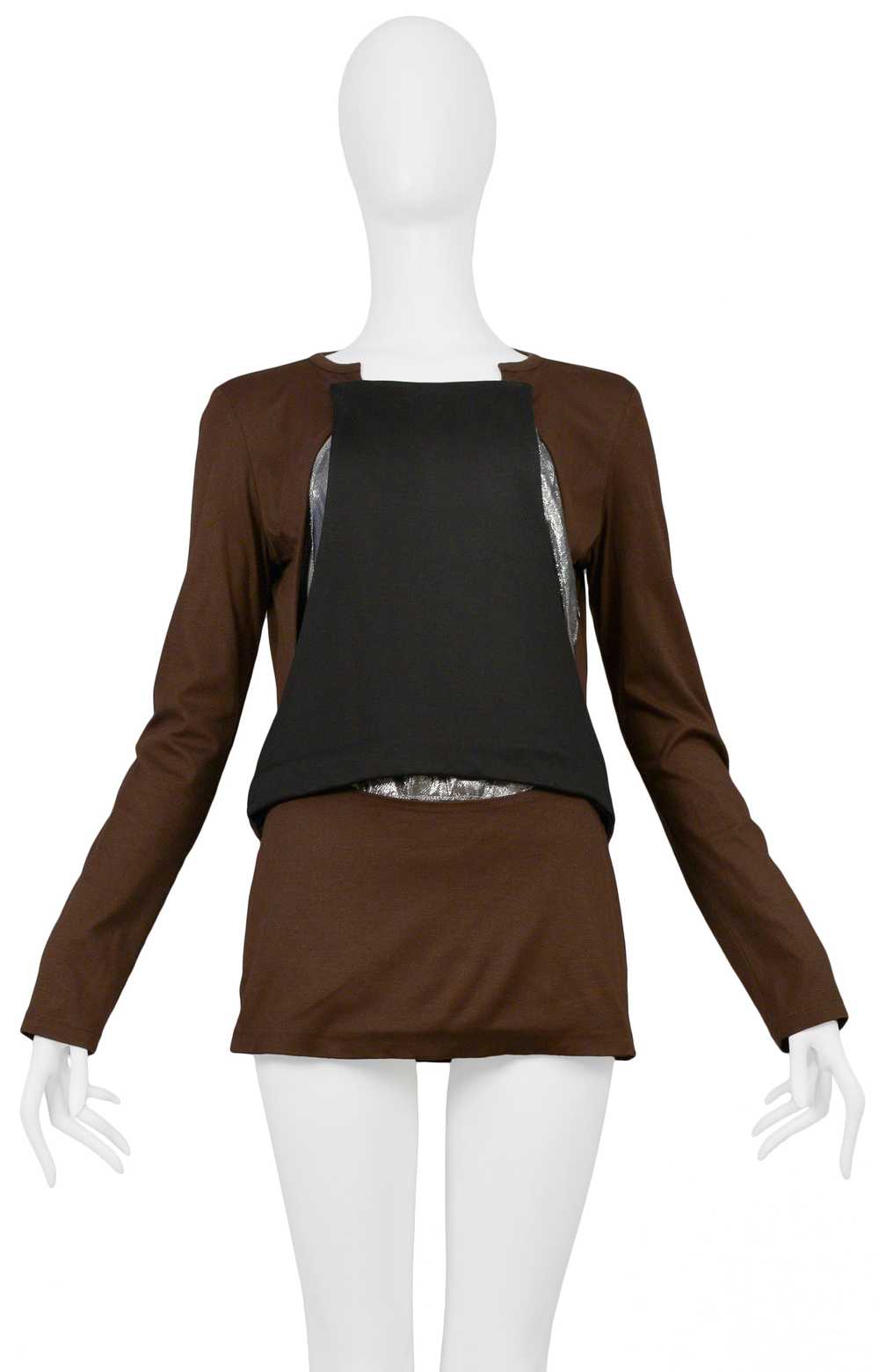 HELMUT LANG BROWN BLACK & SILVER INSET TUNIC - image 1