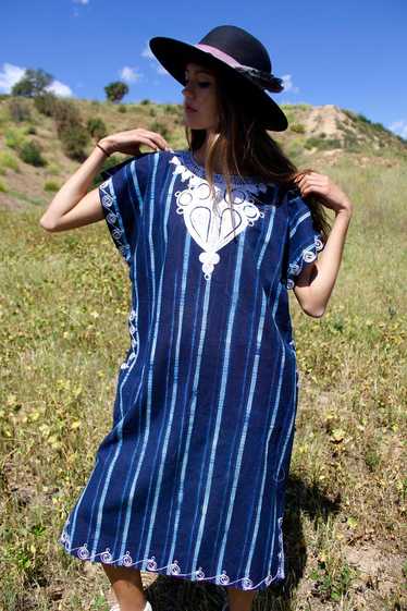 Vintage African Indigo Tunic with Chain Stitch Emb