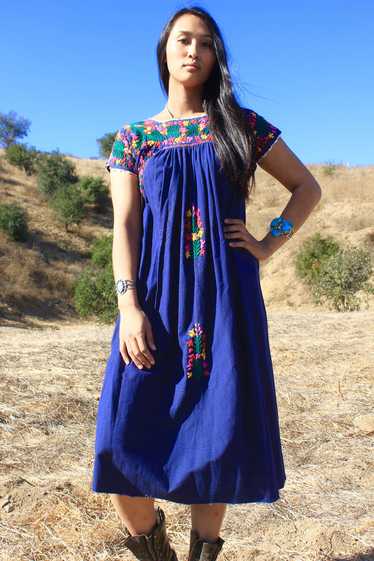 Vintage Royal Blue Hand Embroidered Oaxacan Dress
