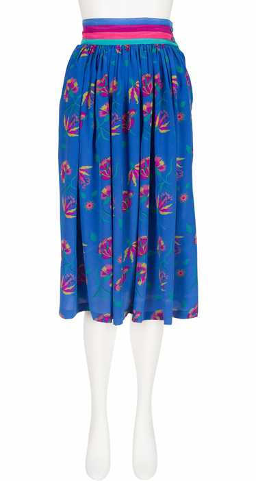 Escada 1980s Floral Blue Silk Pleated High-Waisted