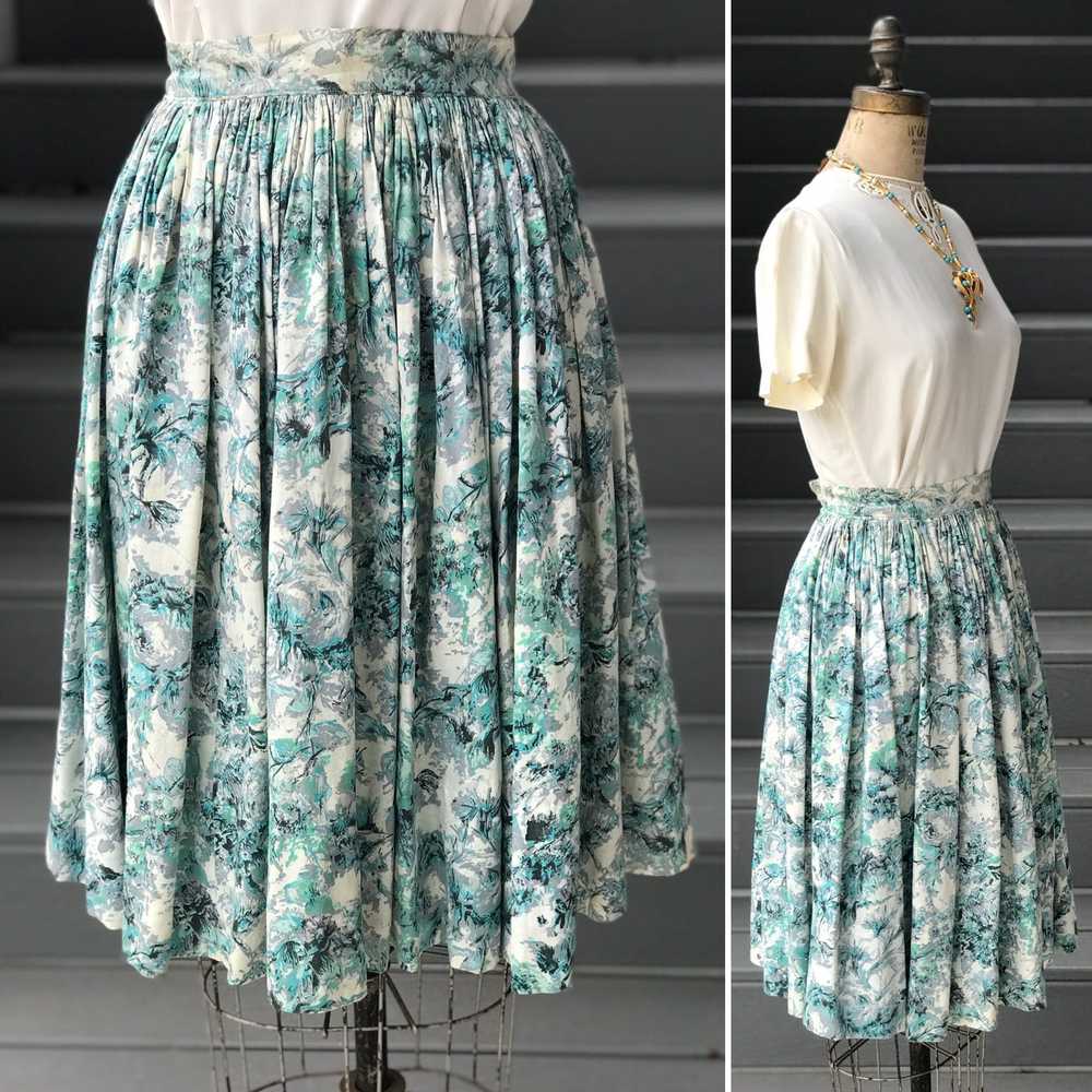 1950s Floral Skies Silky Full Skirt - image 1