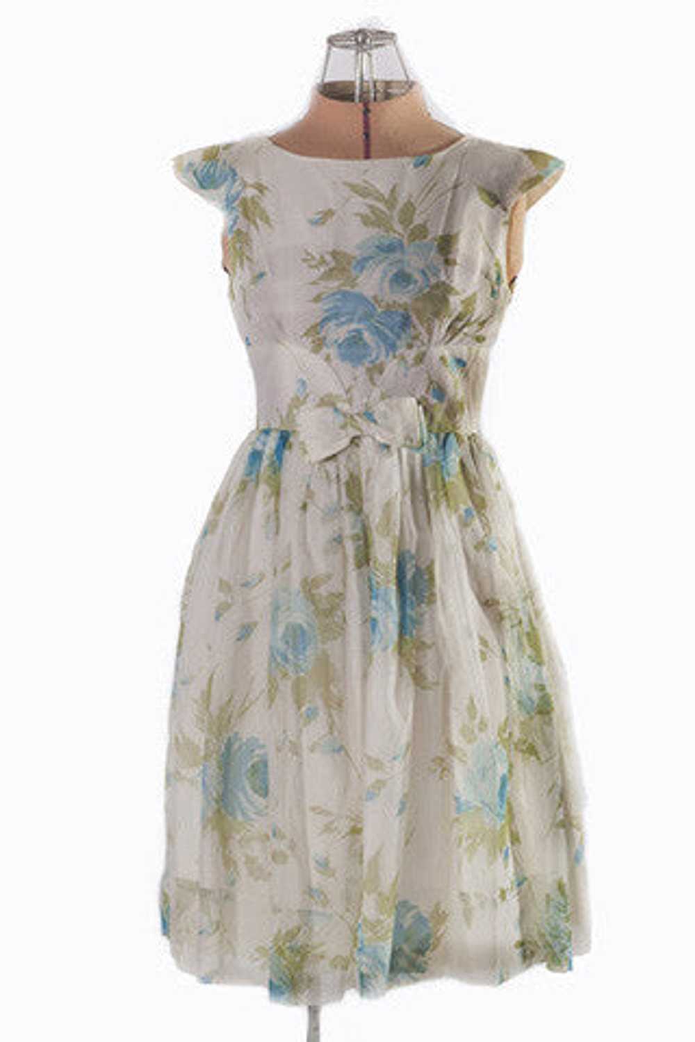 1950s Blue Floral Chiffon Party Dress - image 2