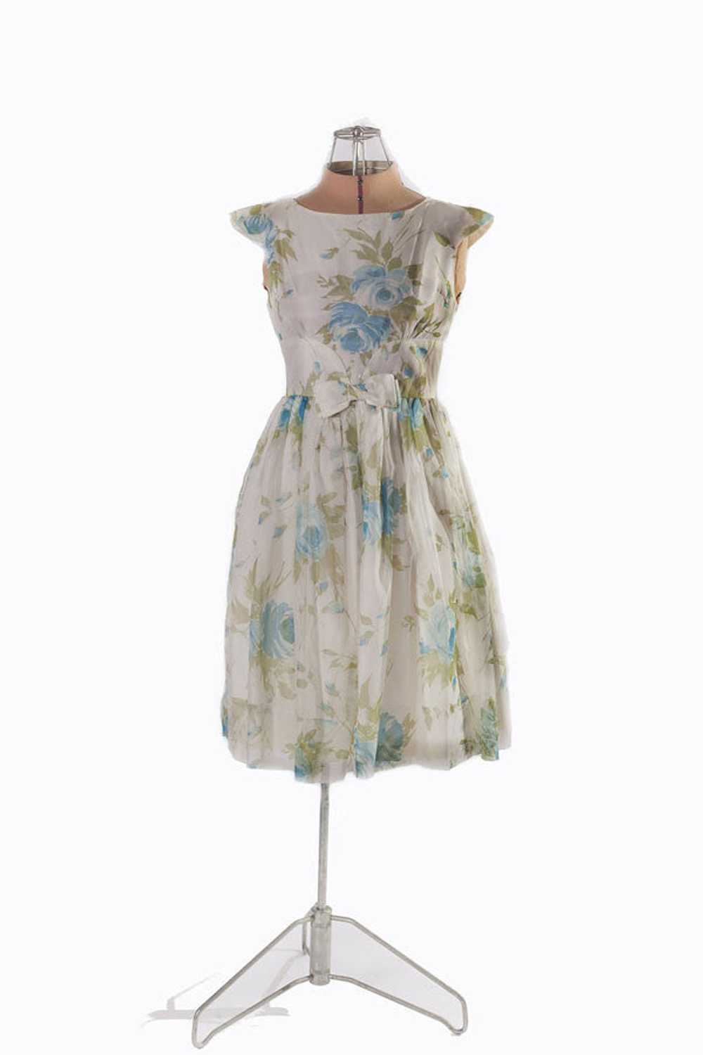 1950s Blue Floral Chiffon Party Dress - image 3