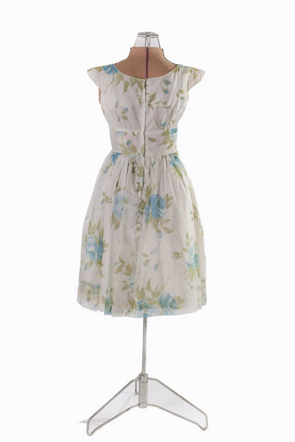 1950s Blue Floral Chiffon Party Dress - image 5