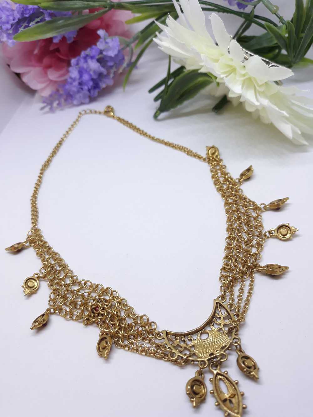 Cleopatra Style Necklace - Goldtone with Red and … - image 11