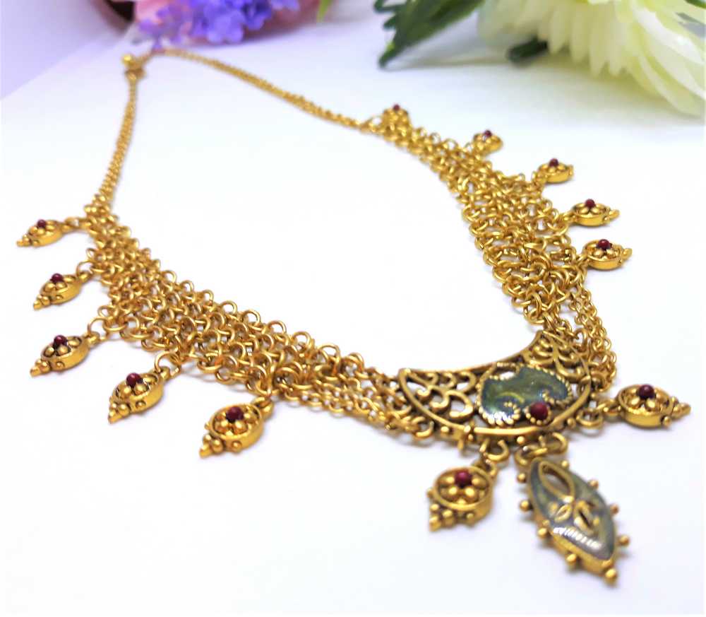Cleopatra Style Necklace - Goldtone with Red and … - image 12