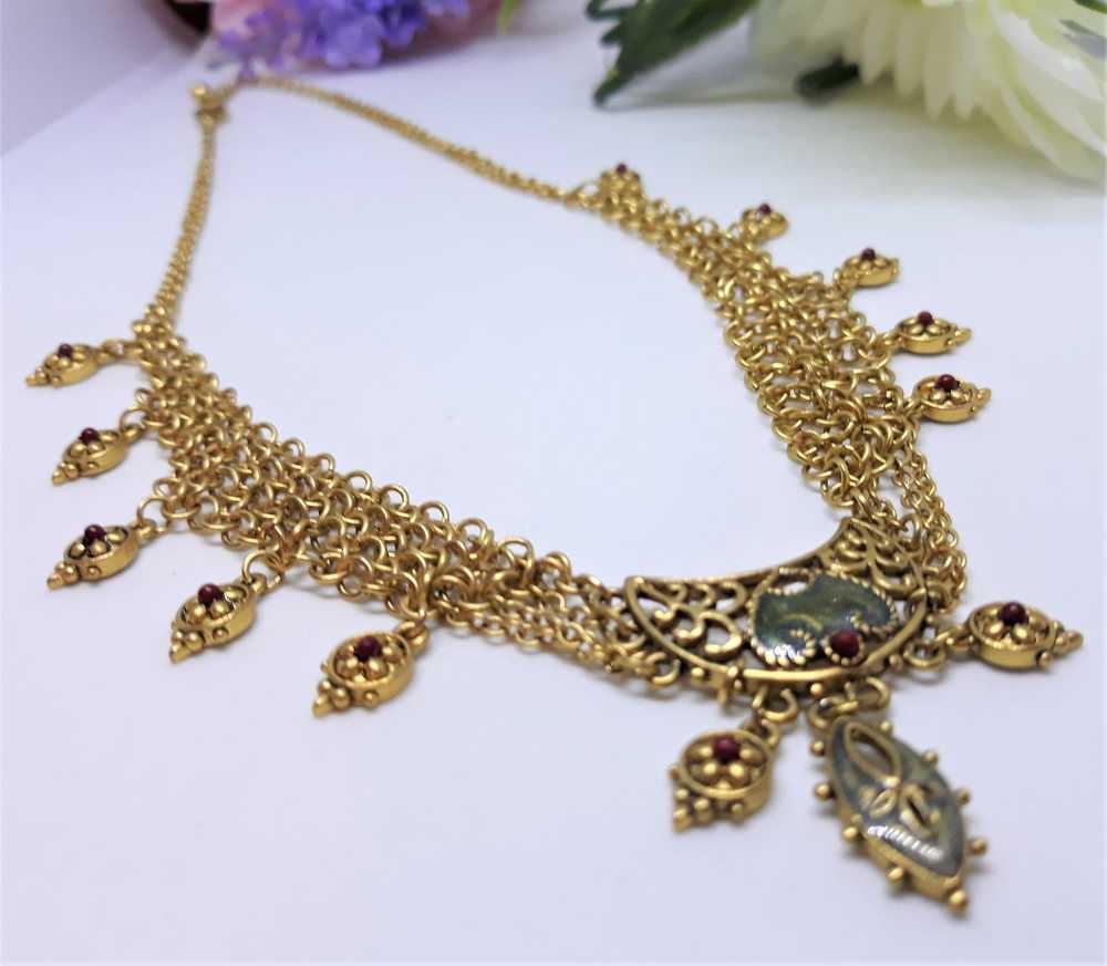 Cleopatra Style Necklace - Goldtone with Red and … - image 3