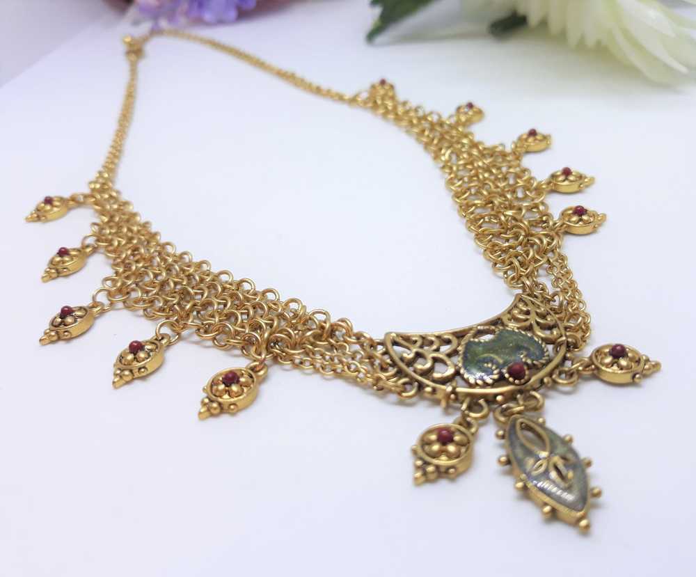 Cleopatra Style Necklace - Goldtone with Red and … - image 8
