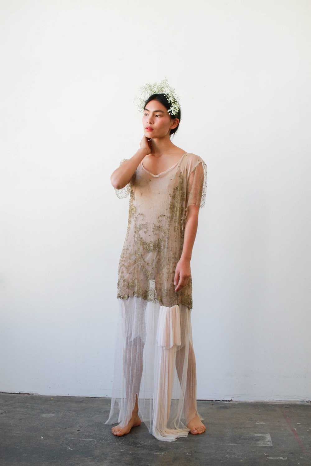 1920s Sheer Layered Net Lace Nude Dress - image 1
